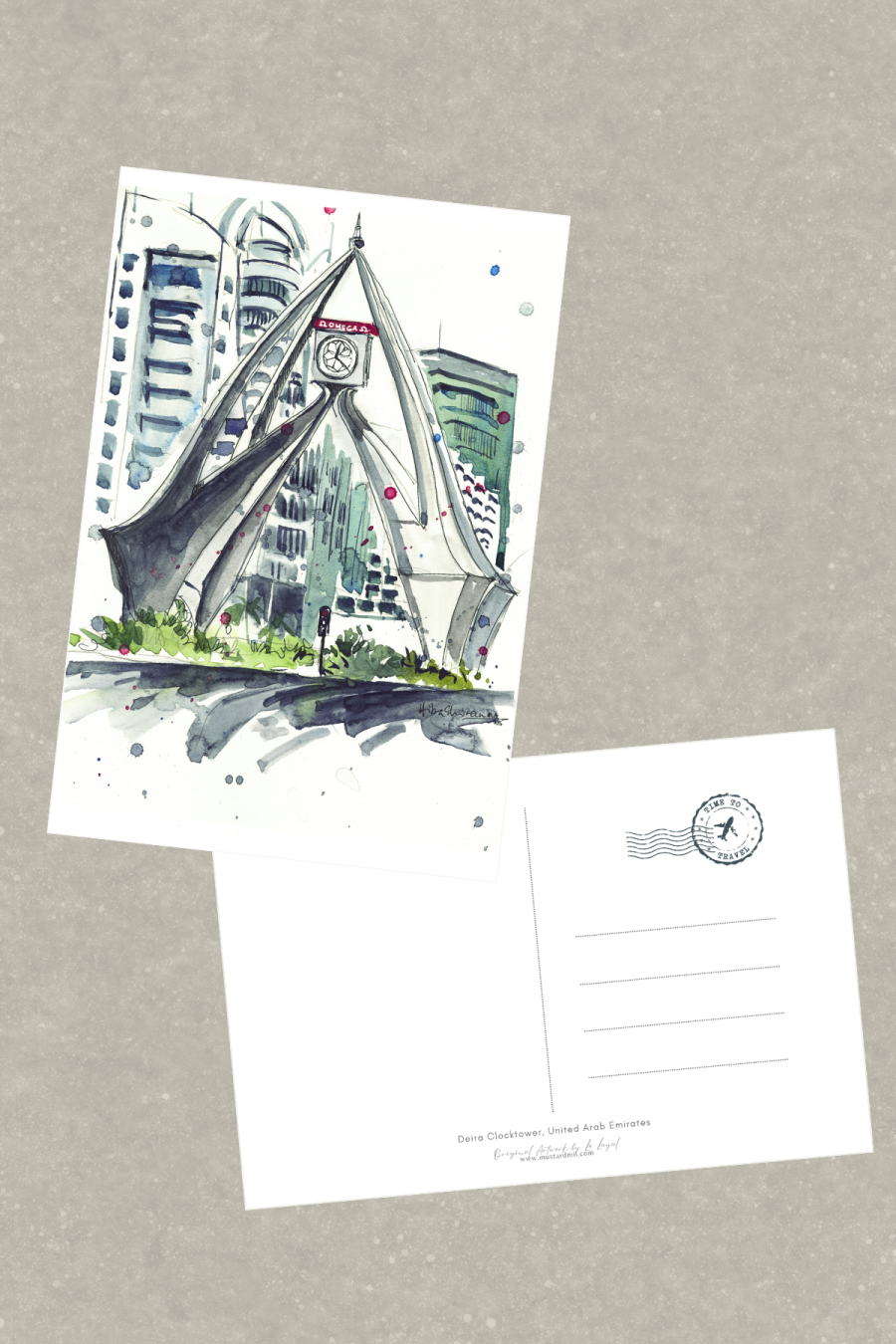 Deira Clocktower Watercolor Postcard