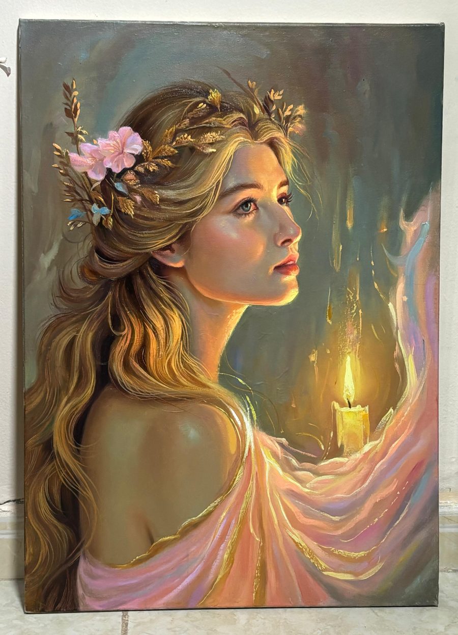 Radiance of Hope – Candlelight Portrait Oil Painting by Bhawna Sharma